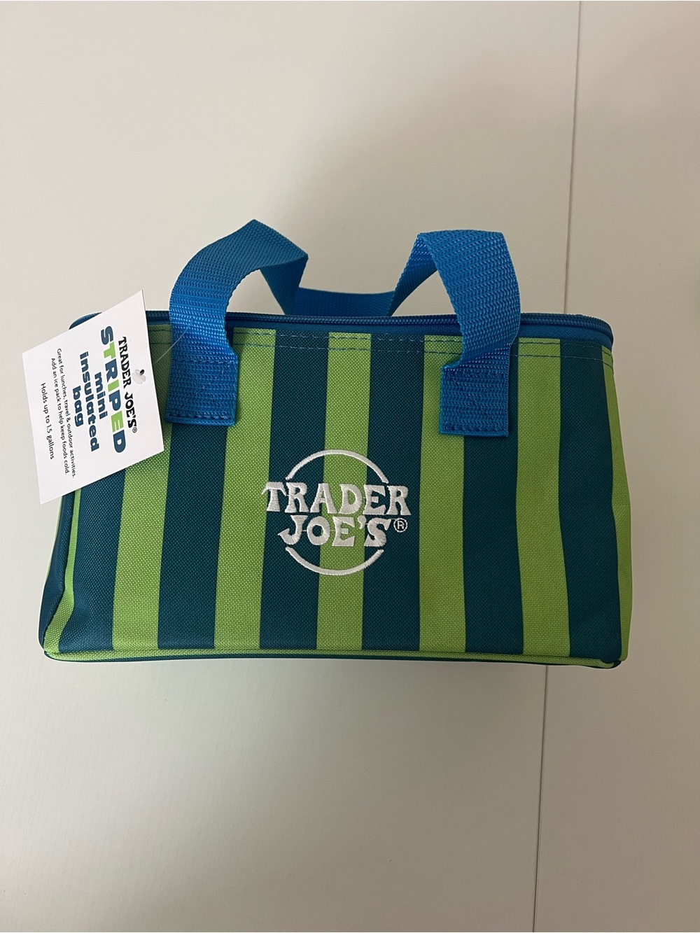 Trader Joe’s Mini Insulated Green & Blue Striped Bag - Picture 2 of 4